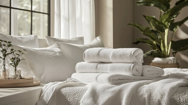 freshly folded white towels on a cozy bed in sunlit modern bedroom interior