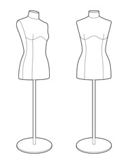 Black outline vector illustration of two female dressmaker mannequins. Fashion design and tailoring dummy forms on stands. Minimalist contour style on white background.