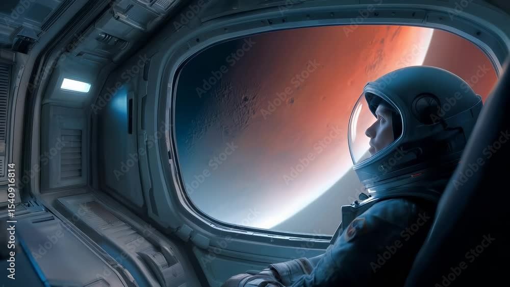 Poster astronaut in spacesuit gazes at mars through large window of spacecraft. red planet surface with vis