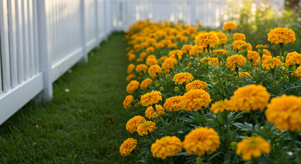 Vibrant marigolds line a white picket fence in a serene garden setting.