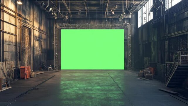 Empty industrial film studio interior with large green screen, realistic style, grungy metal background. Concept of video production setup