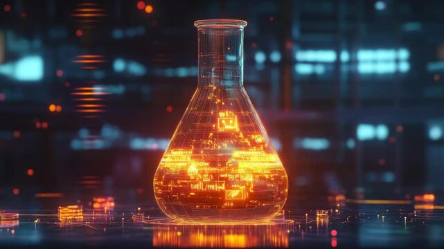 Glowing digital flask with circuit-like patterns in a dark futuristic lab, symbolizing science and technology fusion