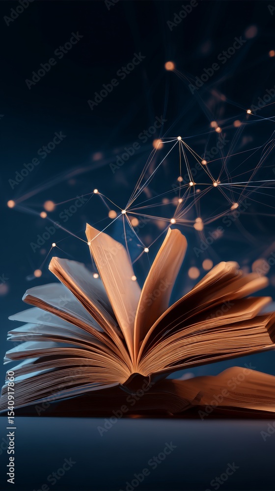 Poster exploring knowledge through an open book surrounded by digital connections and vibrant light