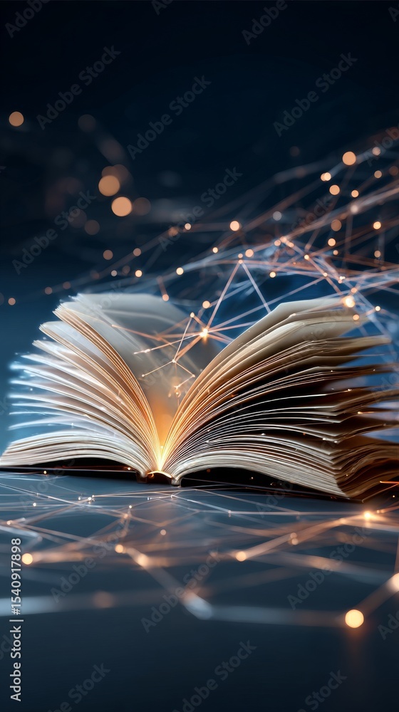Aufkleber exploring knowledge through an open book surrounded by digital connections and vibrant light.
