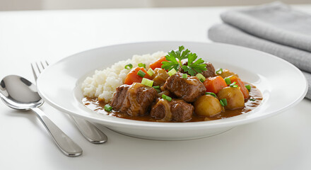 Hearty Beef Stew with Rice: A delicious plate of slow-cooked beef, potatoes, and carrots served with fluffy white rice and a garnish of fresh parsley.