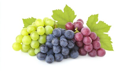 Fototapeta premium Three Grape Varieties Composition of Green, Red and Blue Grapes with Leaves, Fresh Fruit Photography, Still Life Grapes, Still Life, Fruit Photography