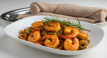 Shrimp Tibs Served with Injera Bread, an Ethiopian Dish Featuring Delicious Shrimp Stir-Fry with Vegetables.