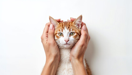 Caring hands gently holding the face of an adorable ginger cat on a white background, a symbol of love, care, and tenderness for a pet