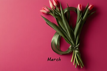Colorful Bouquet of Tulips With Pink Background Celebrating the Arrival of March