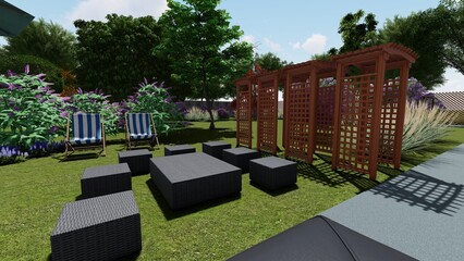 3d image of the landscape design of the home territory. Landscaping of the territory. Computer visualization of composite landscaping and landscaping solutions. White garden.