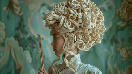 Young Asian woman in white traditional dress with elaborate noodle-like sculptural hairstyle, holding wooden chopstick, standing against teal floral background. - Powered by Adobe