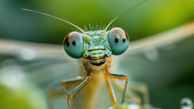 A detailed view of a praying mantis' facial features, useful for educational or scientific purposes.