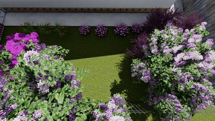 3d image of the landscape design of the home territory. Landscaping of the territory. Computer visualization of composite landscaping and landscaping solutions. White garden.