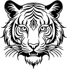 Tiger head tattoo, black and white tribal vector illustration