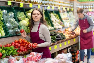 Saleswoman in an apron puts ripe tomatoes on a supermarket window