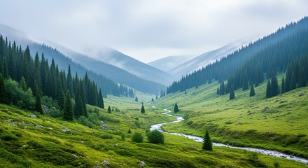 A misty mountain valley with lush greenery and a winding stream flowing through pine-covered slopes under cloudy skies.