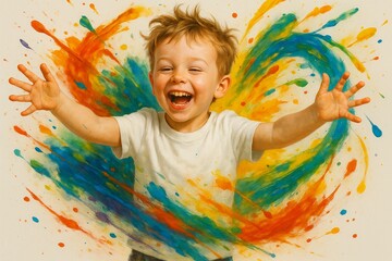 Little boy joyfully playing with splashes of colors, cheerful emotion, light background
