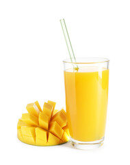 Tasty mango juice in glass and fresh fruit isolated on white