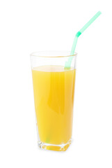 Tasty mango juice in glass with straw isolated on white