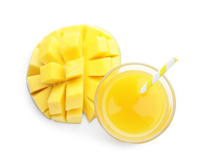 Tasty mango juice in glass and fresh fruit isolated on white, top view