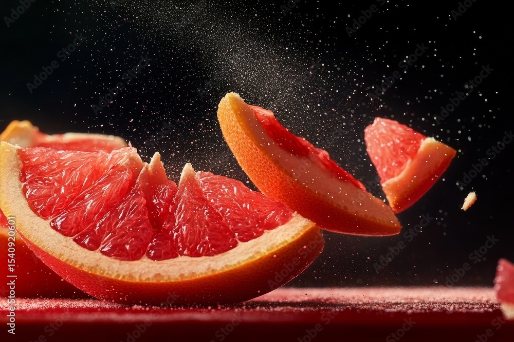 Poster slices of pink grapefruit floating in the air with sparkling droplets in a dark setting