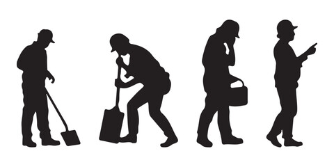 Silhouettes set of workers with helmets. Vector flat style illustration isolated on white