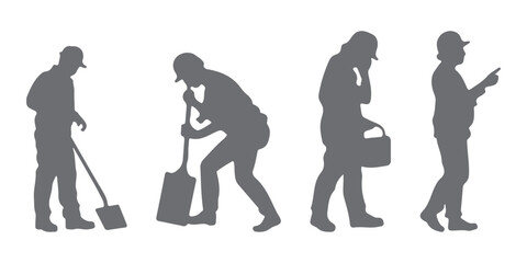 Silhouettes set of workers with helmets. Vector flat style illustration isolated on white