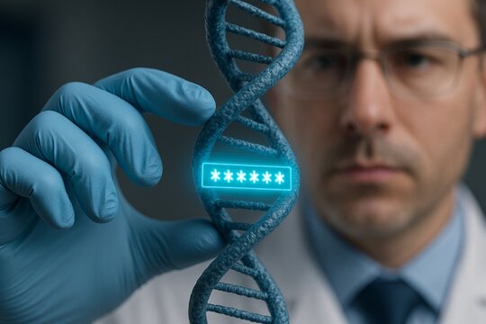 Scientist serious holding DNA data security strand, password glowing, laboratory background