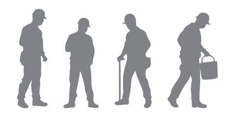 Silhouettes set of workers with helmets. Vector flat style illustration isolated on white