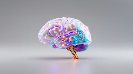Abstract neon glowing human brain on grey background., brain activity. Scientific concept of mind, intelligence and memory. Technological background.