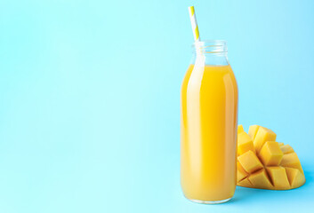 Tasty mango juice in glass bottle and fresh fruit on light blue background, space for text