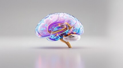 Abstract neon glowing human brain on grey background., brain activity. Scientific concept of mind, intelligence and memory. Technological background.