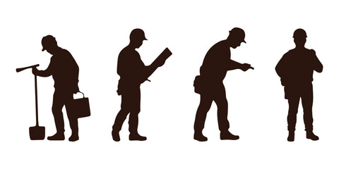 Silhouettes set of workers with helmets. Vector flat style illustration isolated on white