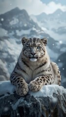 Fototapeta premium A majestic snow leopard resting on a snow-covered rock ledge high in the Himalayas
