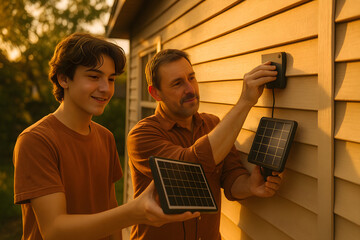A man and a boy are working on a solar panel