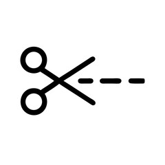 Simple scissors cutting line icon.  Cutting line with scissors graphic shows sharp blades and dotted line.  This precise scissors and line icon is perfect for website design and app interface.