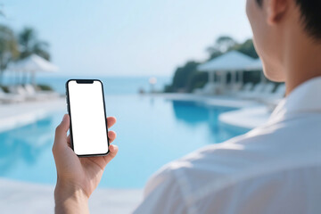 blank smartphone mockup with white screen, a man holding a smartphone with a blank screen in a modern luxury hotel resort pool background
