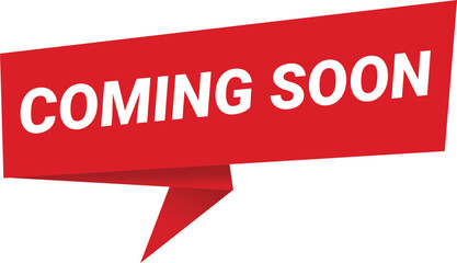 Coming soon banner label. Promotional banner sign. New product release symbol. Paper label banner. Coming soon adhesive tags.
