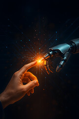 A robot hand is touching a human hand