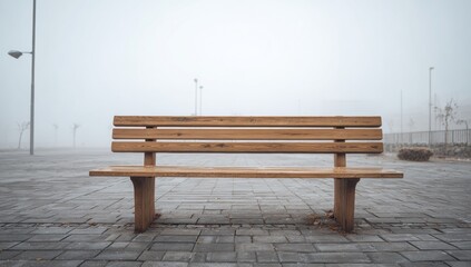 A simple wooden bench on the left side of an empty square, white background, foggy winter day Generative AI