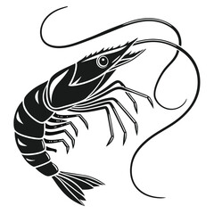 The stylized monochrome shrimp shows its segmented body, legs, and long antennae elegantly