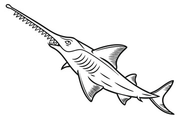 Fototapeta premium Outlined sawfish showcases its unique serrated rostrum and distinct fins against a bright backdrop