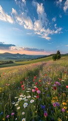 Fototapeta premium Vibrant wildflower meadow at sunset in rolling hills