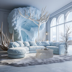An Arctic-style living room interior, bathed in soft, icy light, features a large, luxurious pale blue sectional sofa on a plush gray rug.