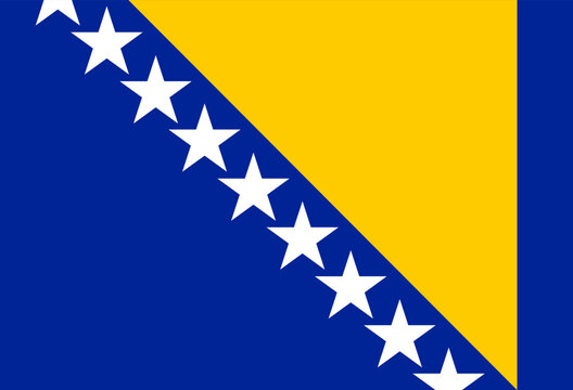 National flag of Bosnia and Herzegovina with blue background, yellow triangle, and white stars. - Powered by Adobe