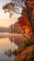 Serene autumn sunrise over misty lake with colorful trees