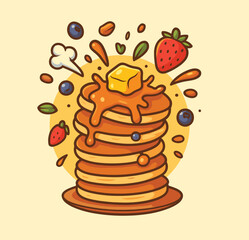 Pancakes with Syrup and Strawberries Cartoon Vector Icon Illustration Tasty Stack Isolated Flat
