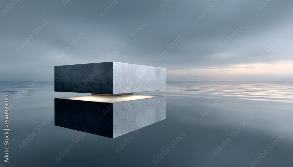 Poster minimalist grey platform reflected in still water against a muted background. ideal for product disp