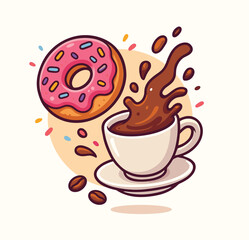 Donut with coffee splash floating cartoon illustration breakfast treat object isolated flat vector
