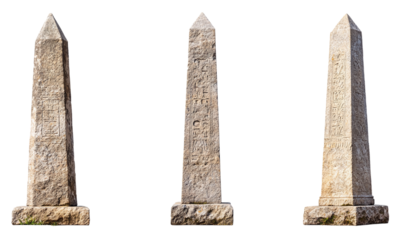 Ancient stone obelisks with engravings weathered historical monuments isolated on transparent background.